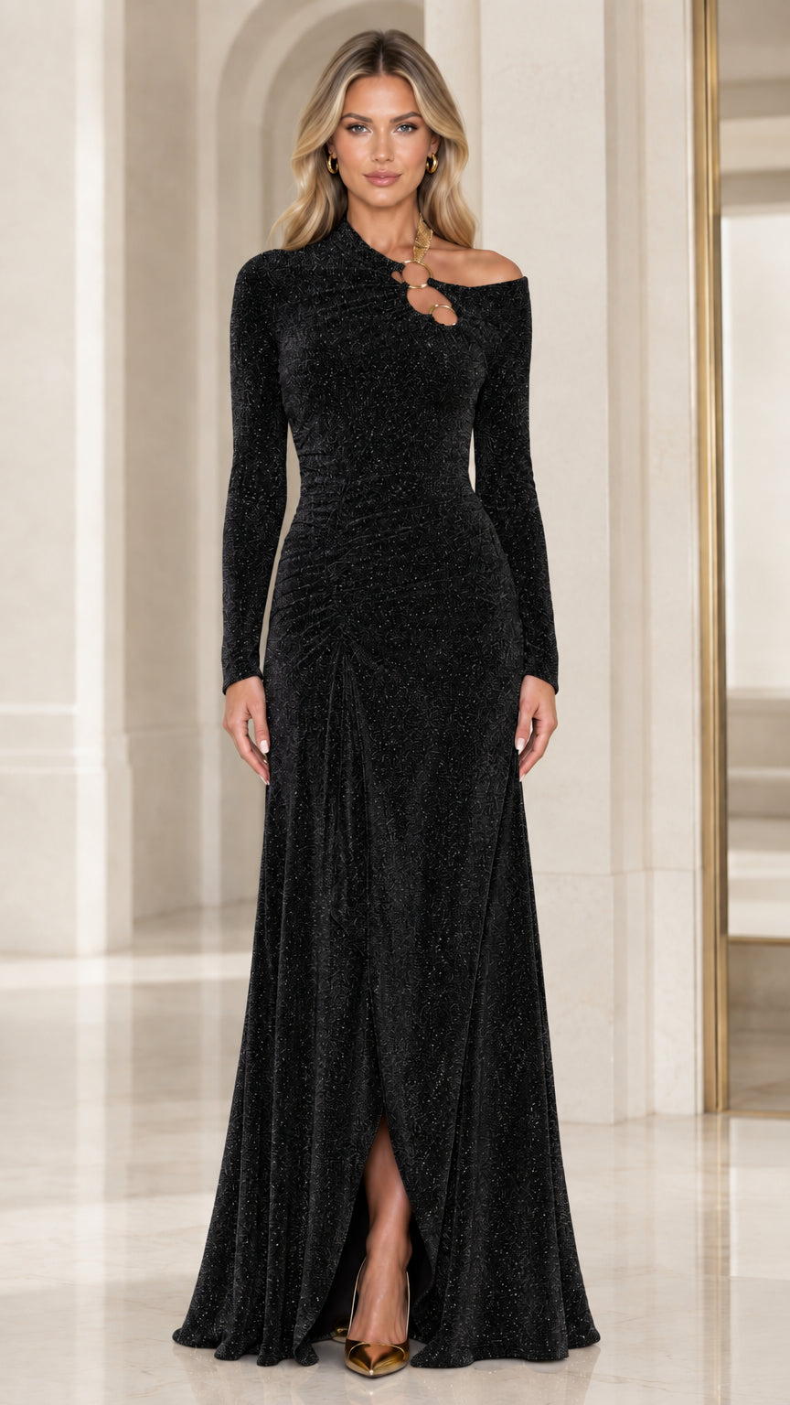 Front full-length view of black glitter asymmetrical cutout long sleeve maxi gown