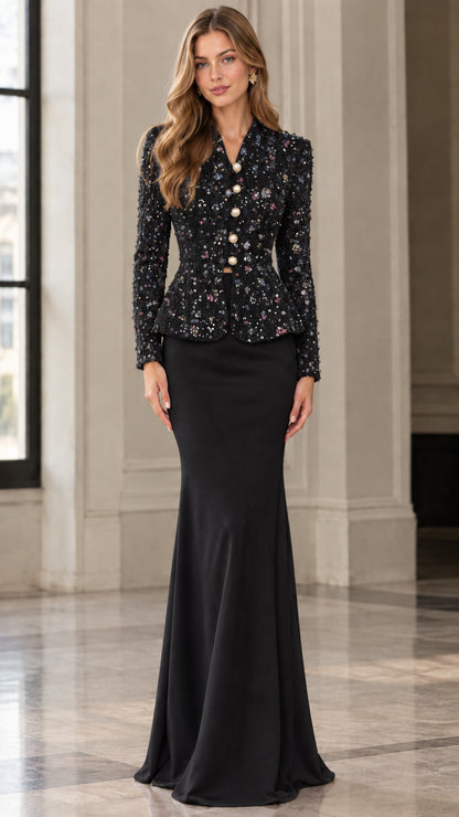Full-length front view of classic black embellished tweed jacket and mermaid skirt set