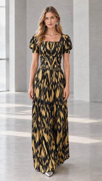 Front view of black and beige ikat print square neck maxi dress