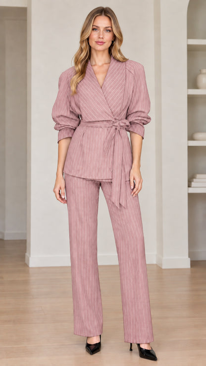 Full view of women's dusty pink pinstripe belted two-piece pant suit