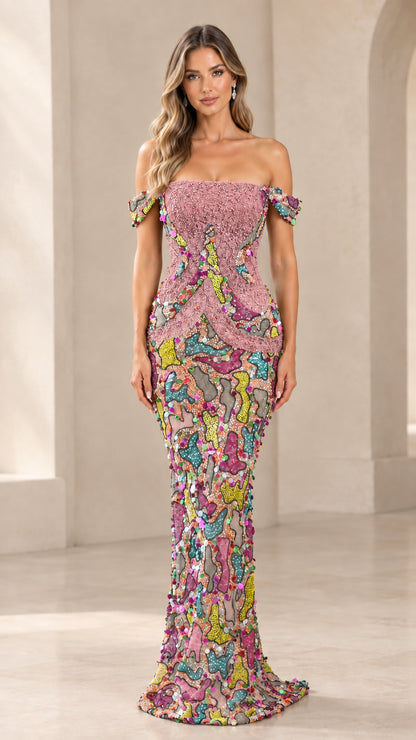 Pink off-the-shoulder sequin mosaic mermaid evening gown