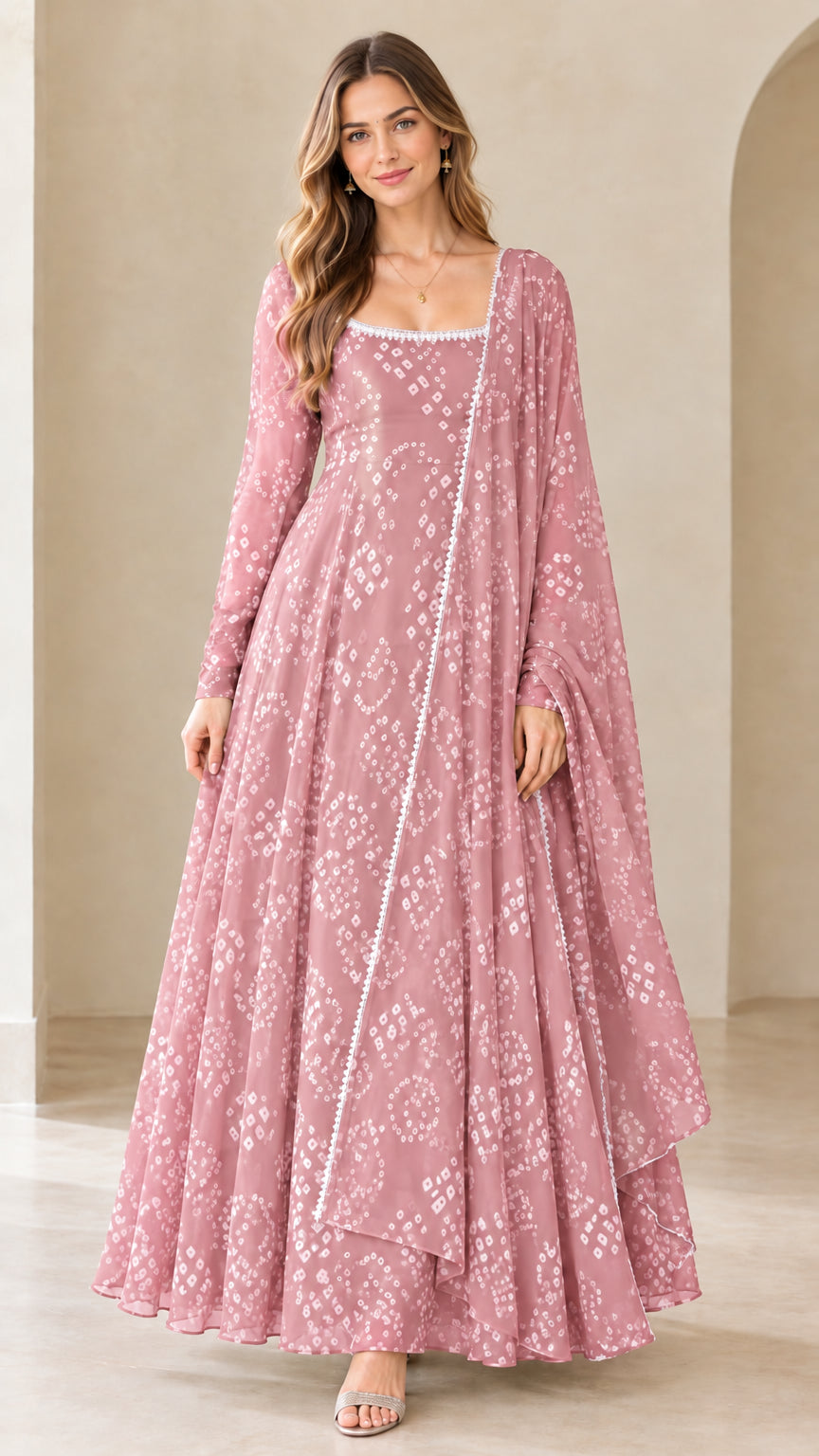Front view of dusty pink printed flared long sleeve maxi gown