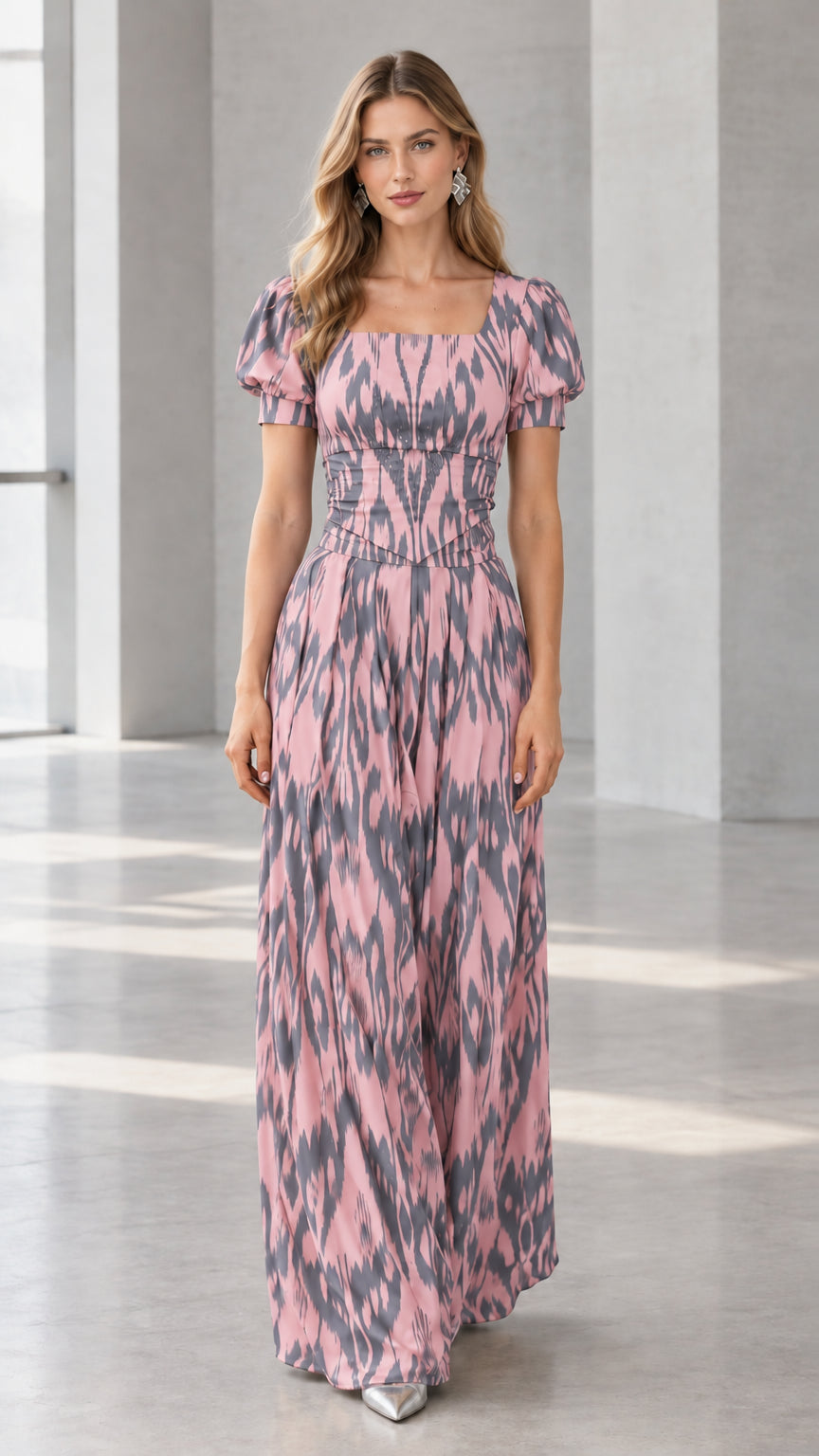 Front view of dusty pink ikat print puff sleeve maxi dress