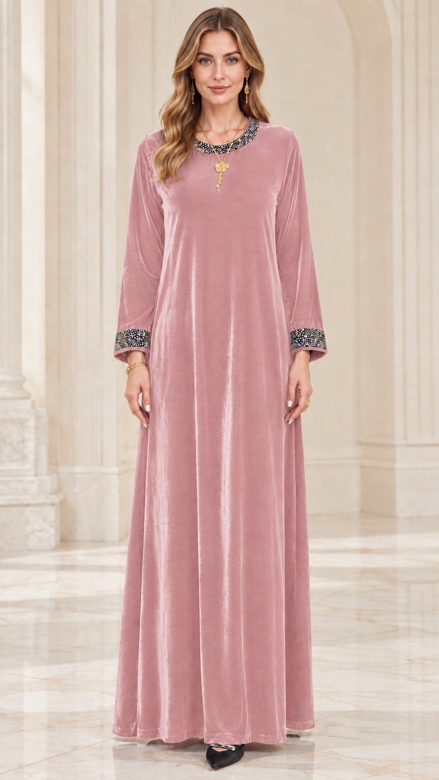 Dusty pink velvet long sleeve maxi dress with rhinestone details