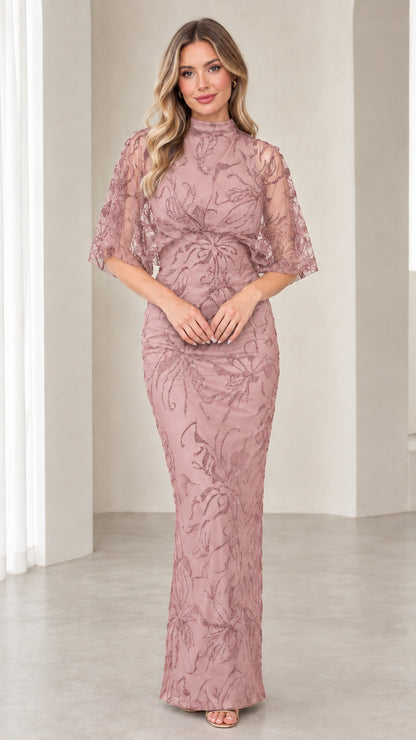 Model wearing Dusty Rose embroidered high neck formal maxi dress