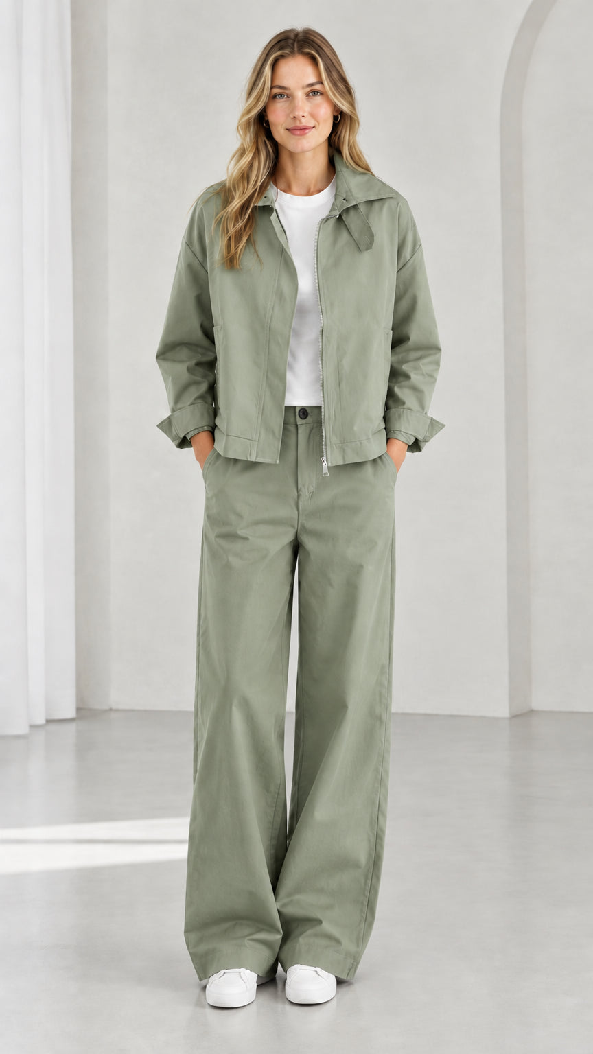 Full front view of women's sage green utility zip jacket and wide-leg pants set