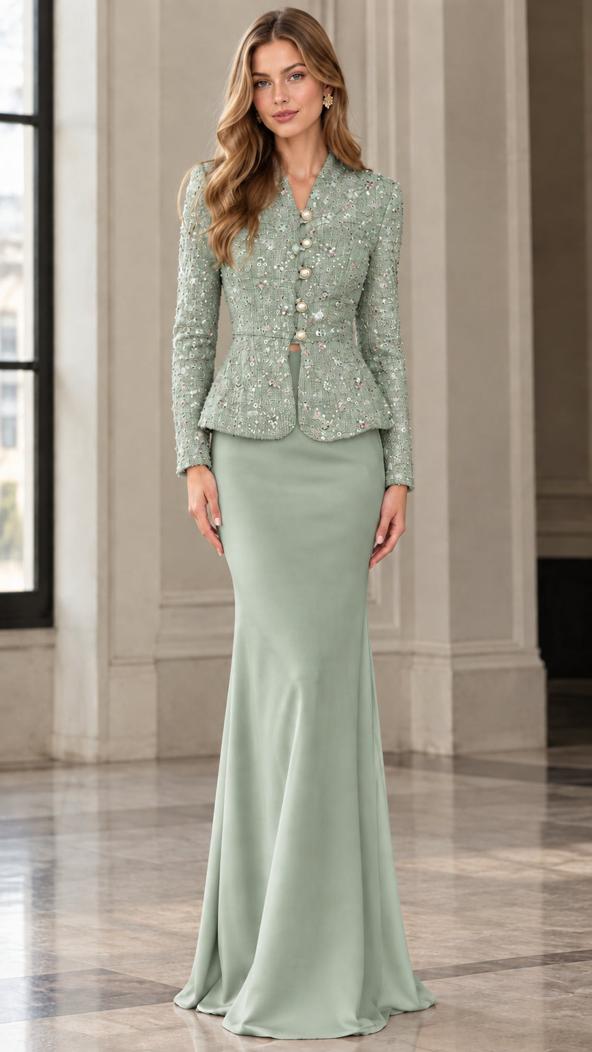 Full-length front view of sage green embellished tweed peplum jacket and skirt set