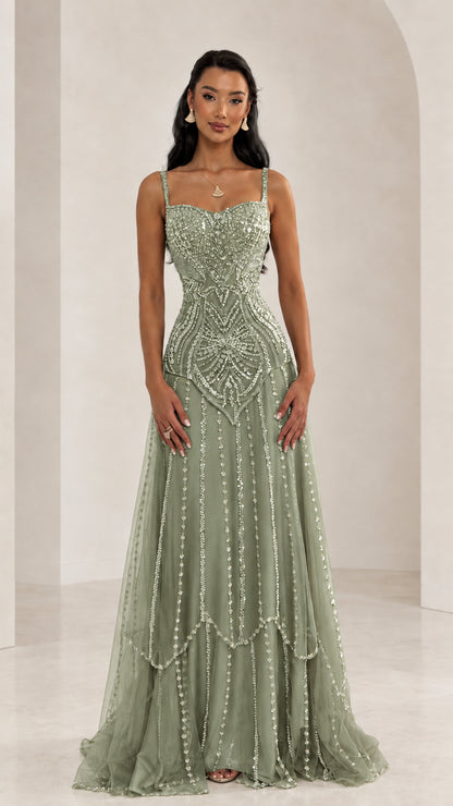 Front view of woman wearing Sage Green embellished sequin tulle evening gown