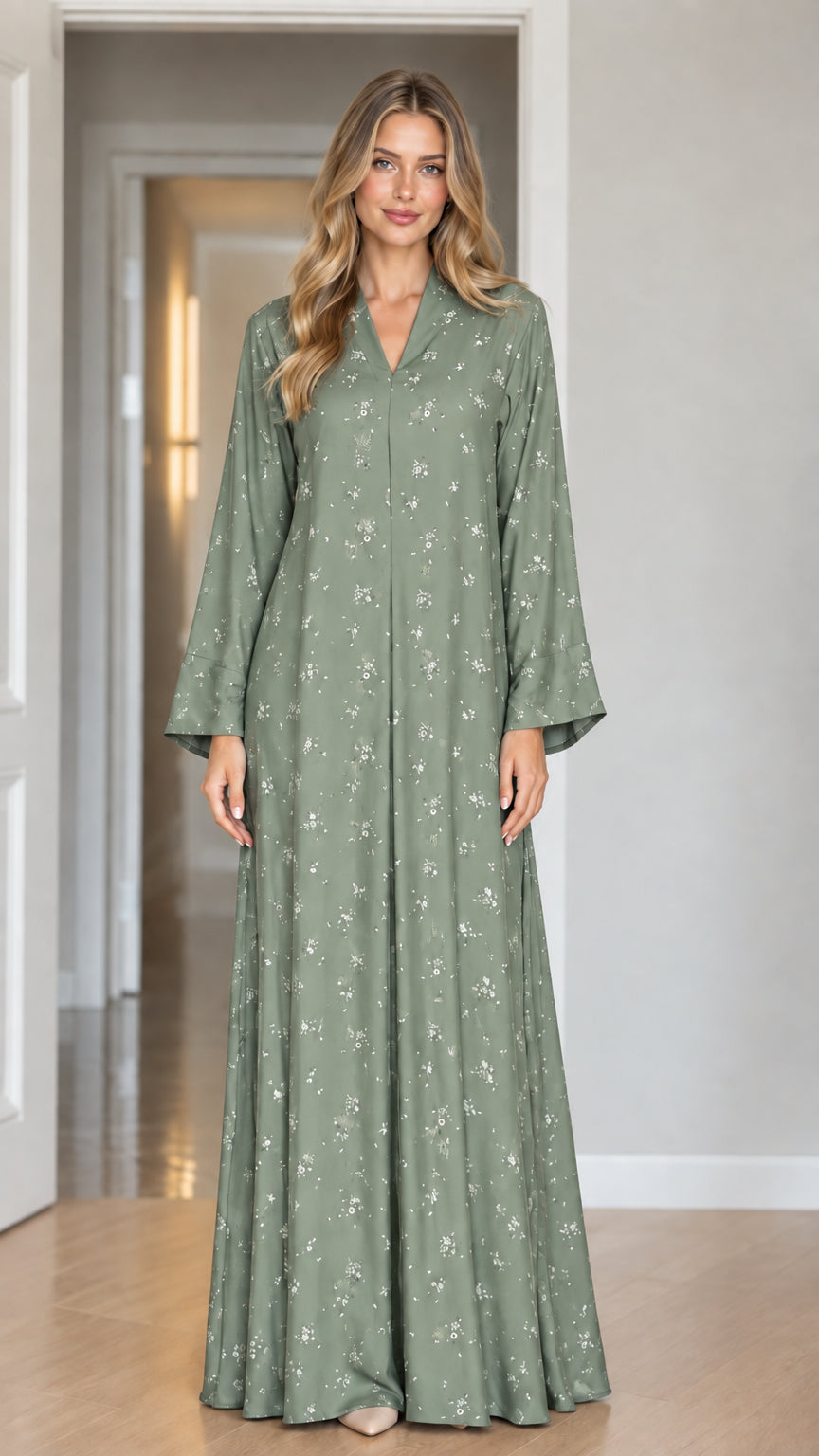 Model wearing Sage Green long sleeve floral modest maxi dress