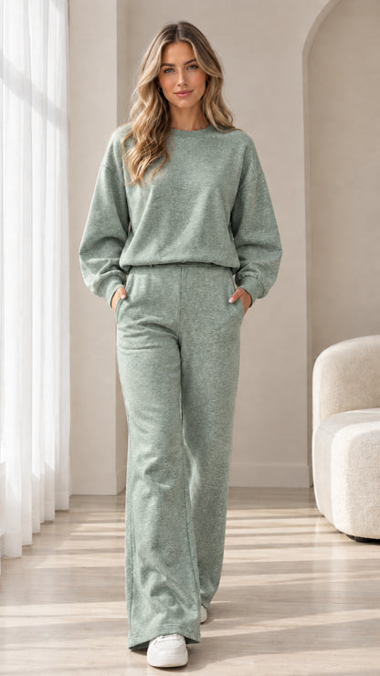 Front view of model wearing sage green 2-piece lounge set