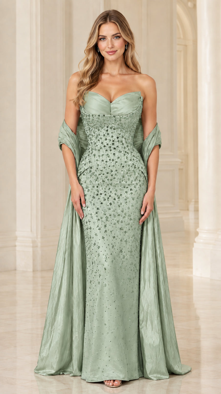 Front view of sage green embellished strapless formal gown with draped cape wrap