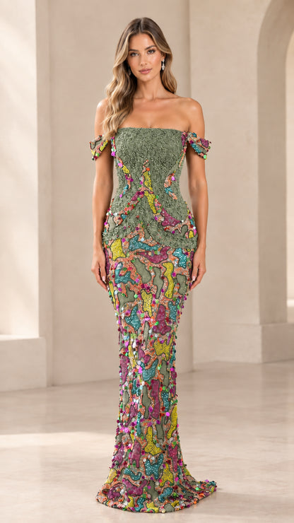 Sage green off-the-shoulder beaded mosaic mermaid formal dress