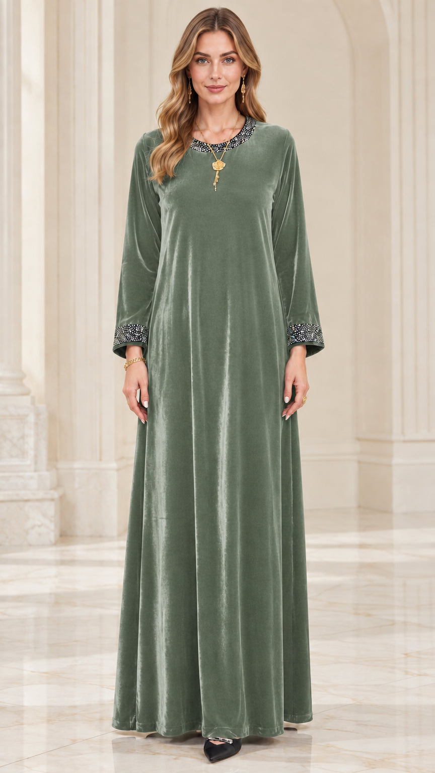 Sage green velvet long sleeve maxi dress with rhinestone details
