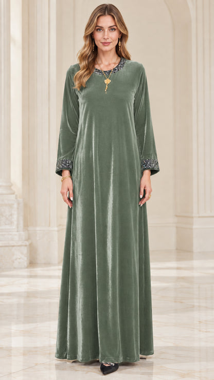 Sage green velvet long sleeve maxi dress with rhinestone details