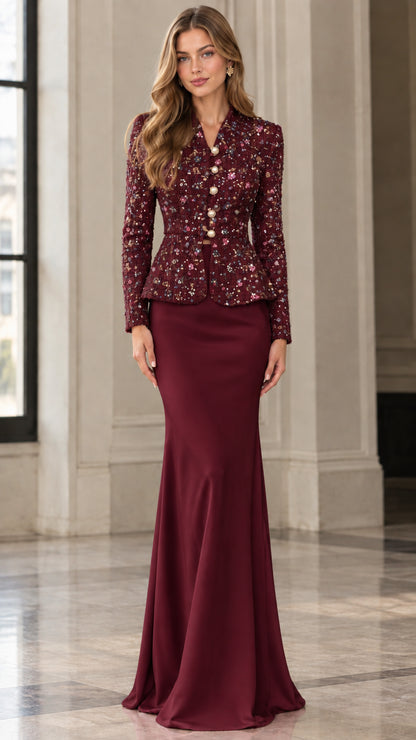 Full-length front view of burgundy wine red embellished tweed peplum jacket and skirt set