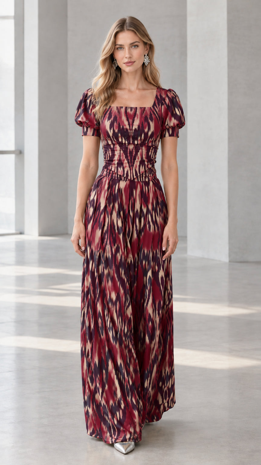 Front view of burgundy red ikat print puff sleeve maxi dress