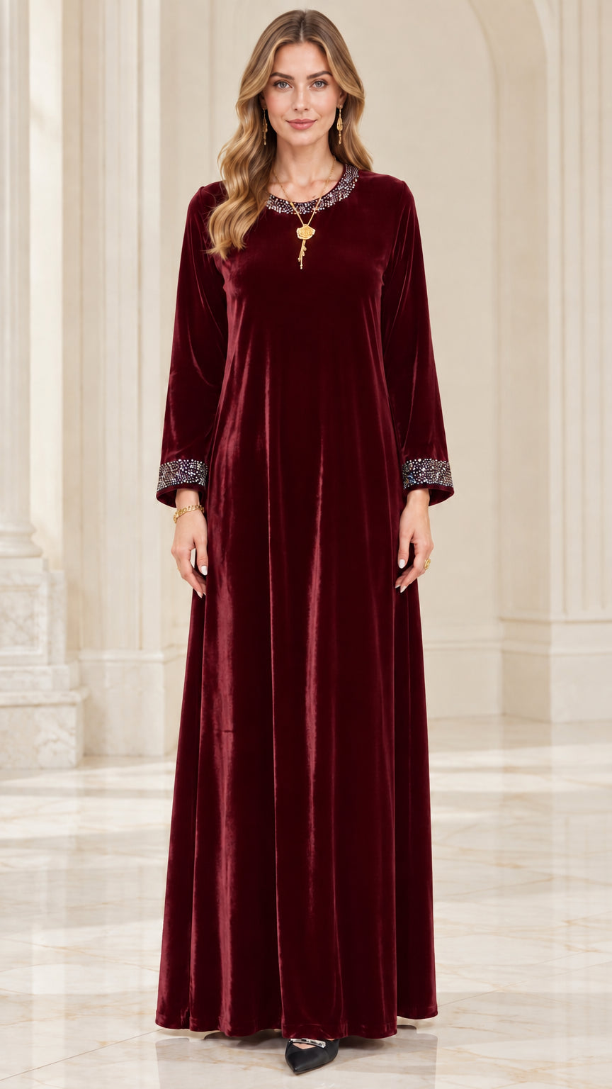 Burgundy wine red velvet long sleeve maxi dress with rhinestone details