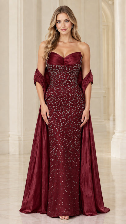 Front view of burgundy red beaded sweetheart neck evening dress with matching wrap