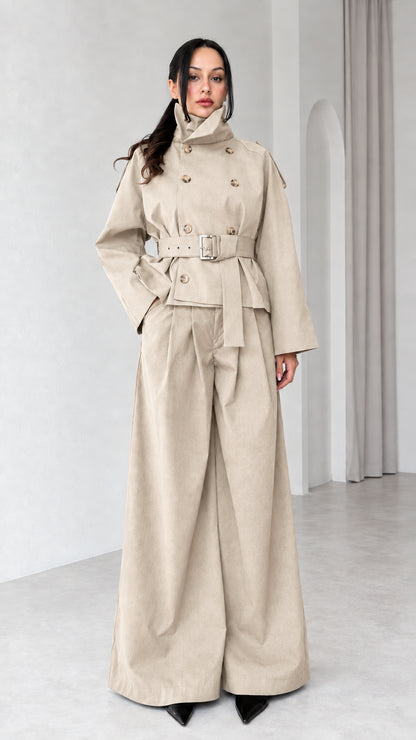 Model wearing Beige belted trench jacket and wide-leg matching pant set