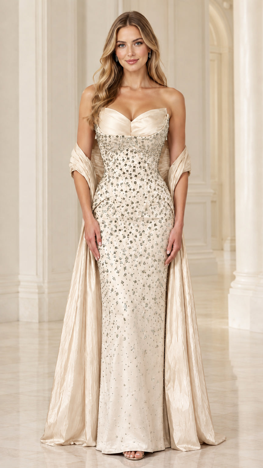 Front view of champagne gold embellished strapless gown with coordinating drape cape