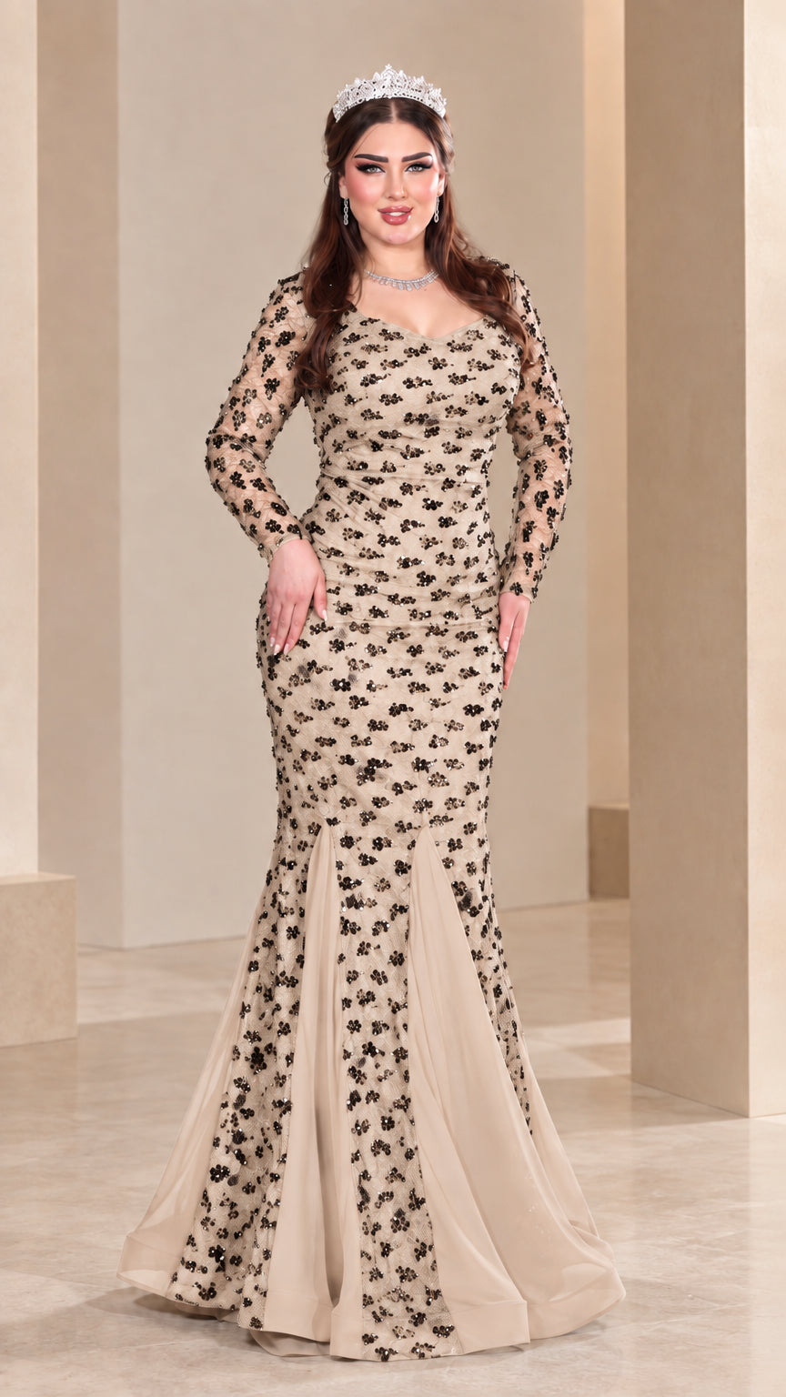 Front view of model wearing champagne nude sequin mermaid evening gown