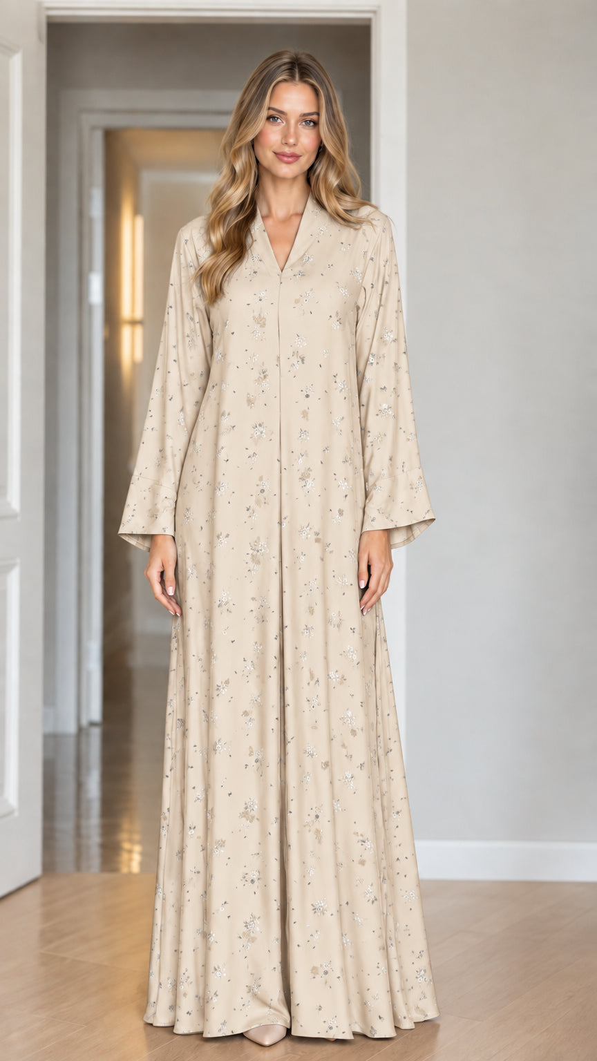Model wearing Beige long sleeve floral modest maxi dress
