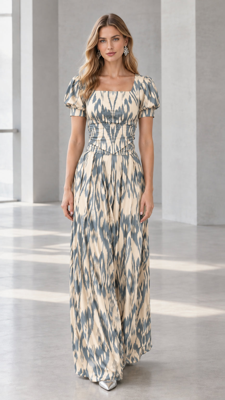 Front view of cream and grey ikat print square neck maxi dress