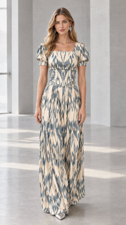 Front view of cream and grey ikat print square neck maxi dress