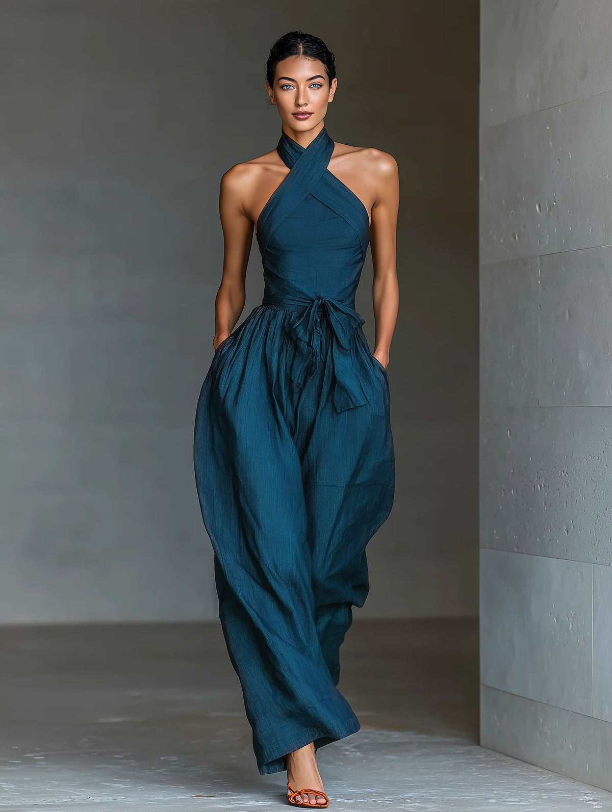 Ivory Cross-Halter Two-Piece Set | Wide-Leg Pants Outfit