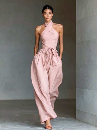 Ivory Cross-Halter Two-Piece Set | Wide-Leg Pants Outfit
